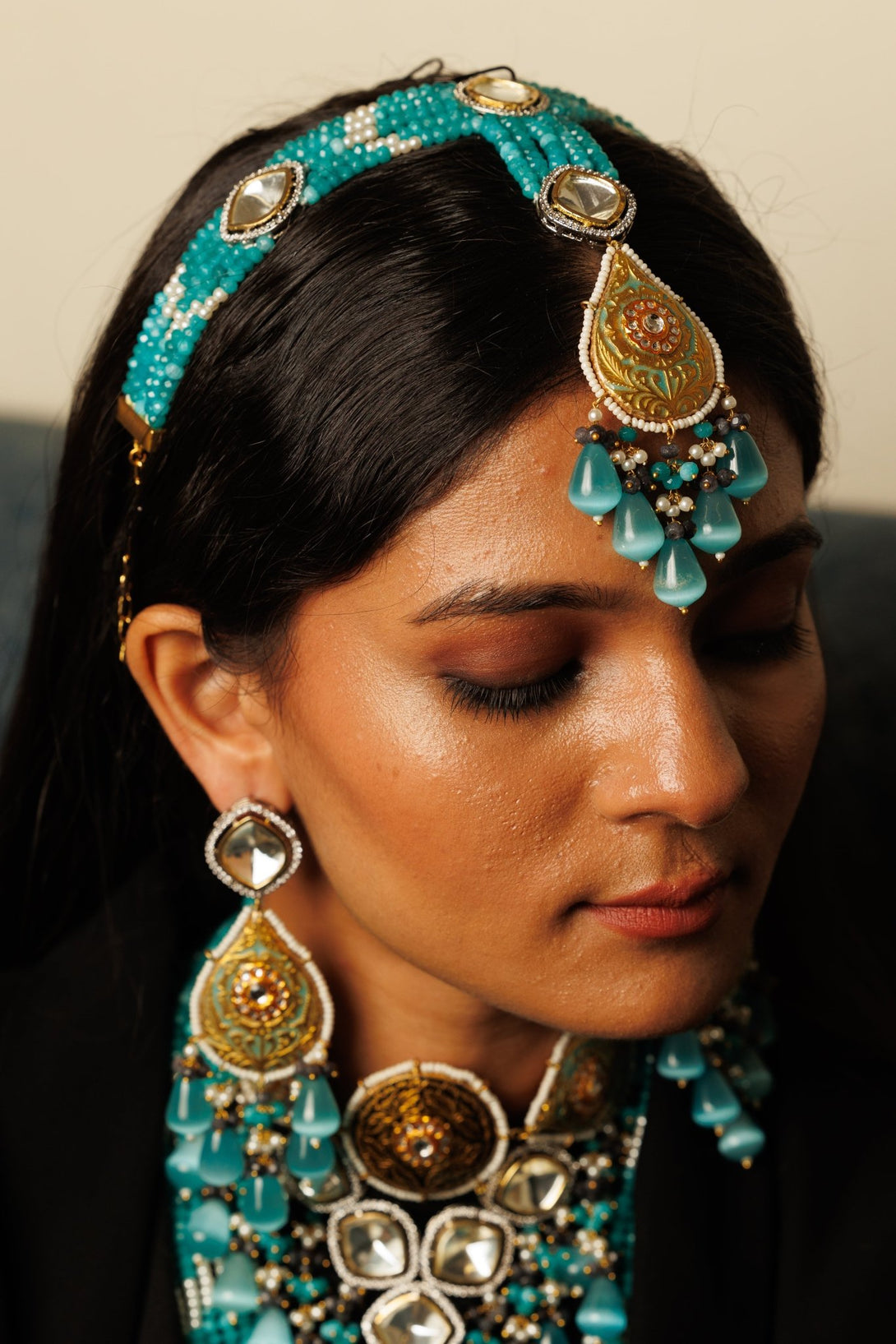 Khawbeeda Turquoise Bridal Necklace Set With Sheesh Patti - Pirohee by parul sharma