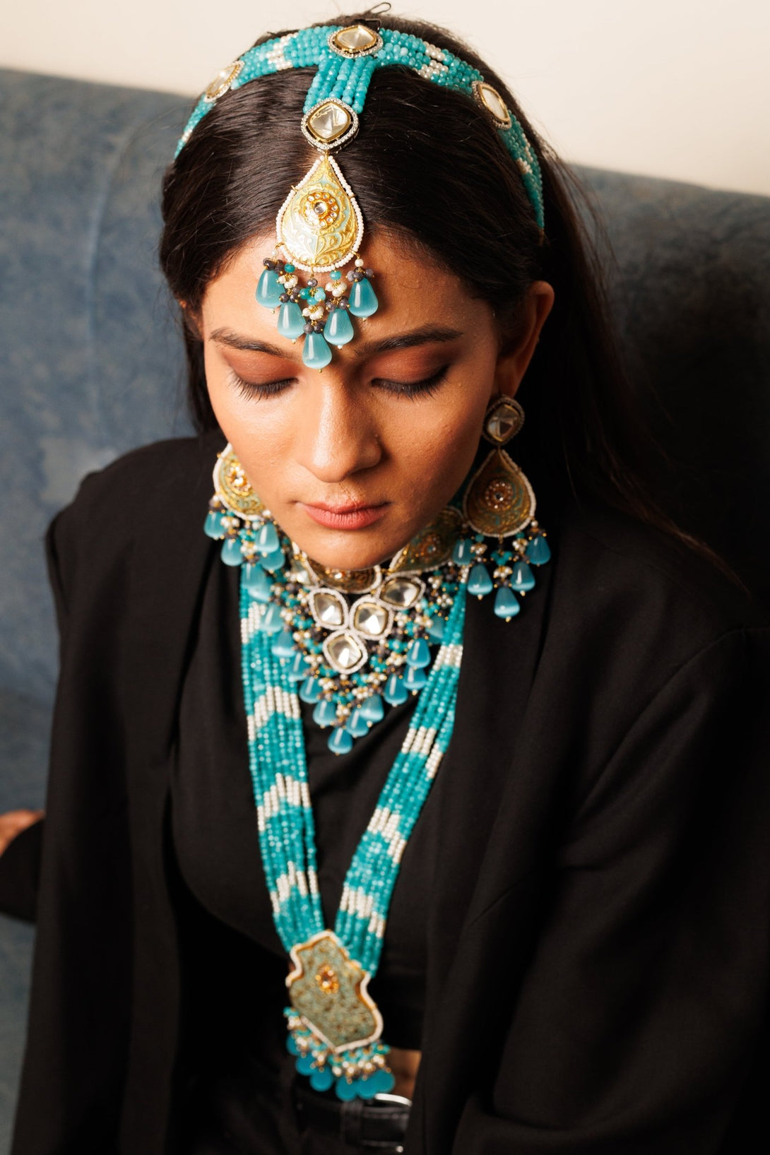 Khawbeeda Turquoise Bridal Necklace Set With Sheesh Patti - Pirohee by parul sharma