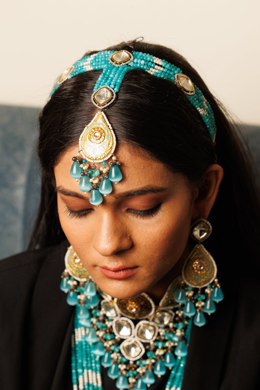 Khawbeeda Turquoise Bridal Necklace Set With Sheesh Patti - Pirohee by parul sharma