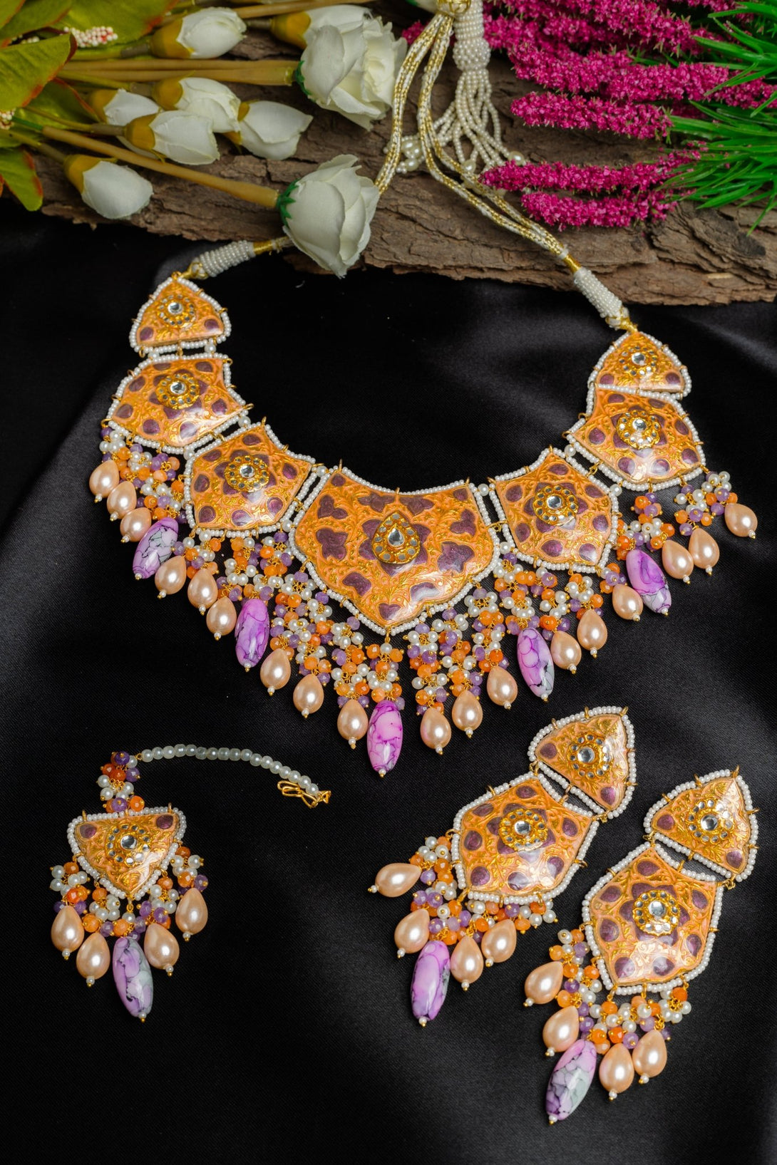 Mahjabeen Coral & Lavender Bridal Set With Tika - Pirohee by parul sharma