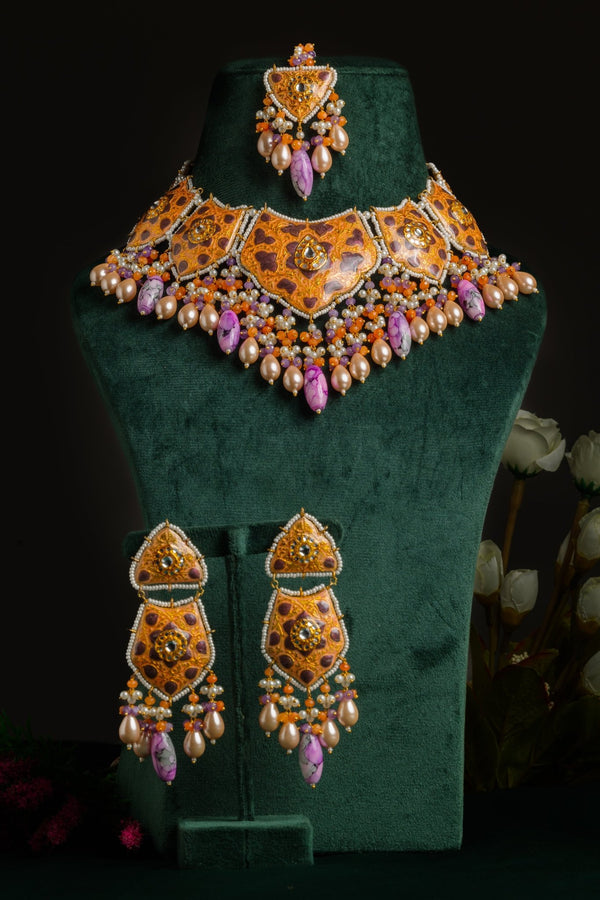 Mahjabeen Coral & Lavender Bridal Set With Tika - Pirohee by parul sharma