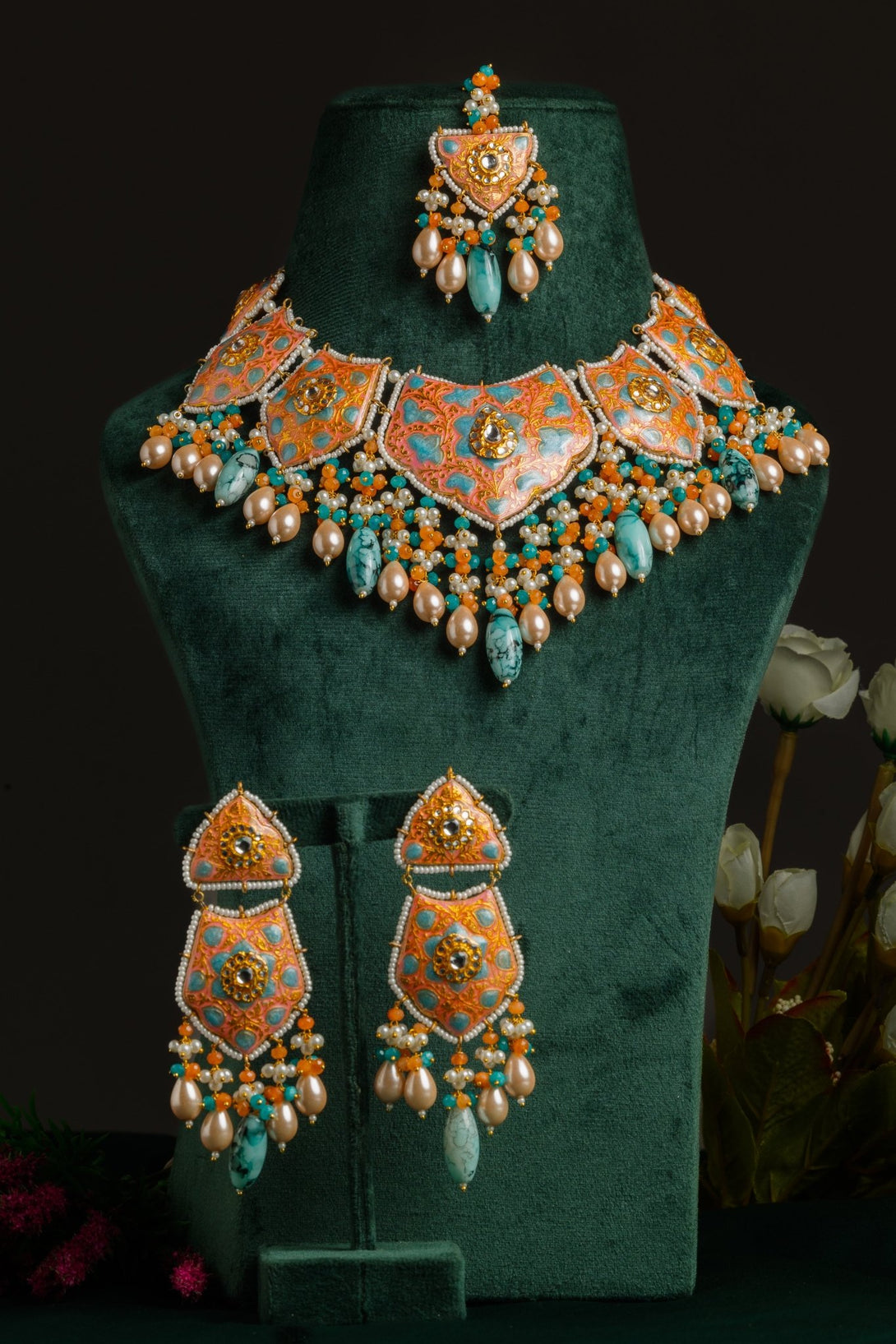 Mahjabeen Coral & Turquoise Bridal Set With Tika - Pirohee by parul sharma