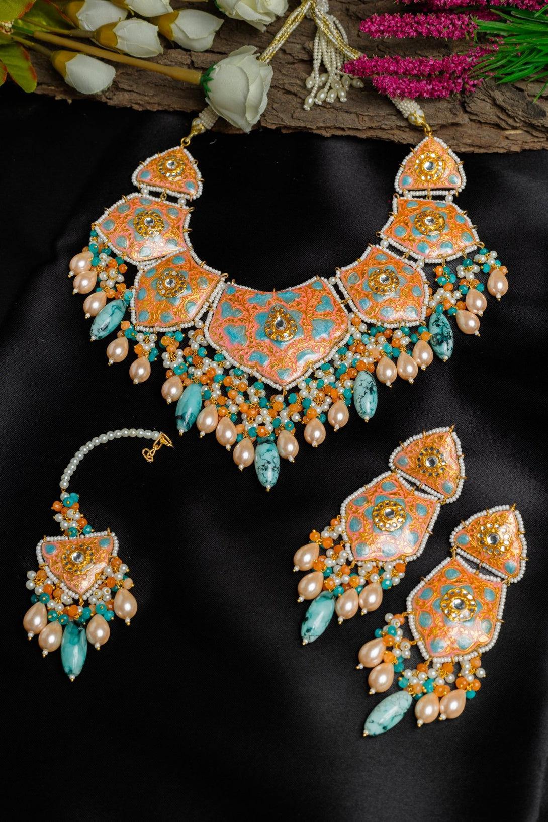 Mahjabeen Coral & Turquoise Bridal Set With Tika - Pirohee by parul sharma