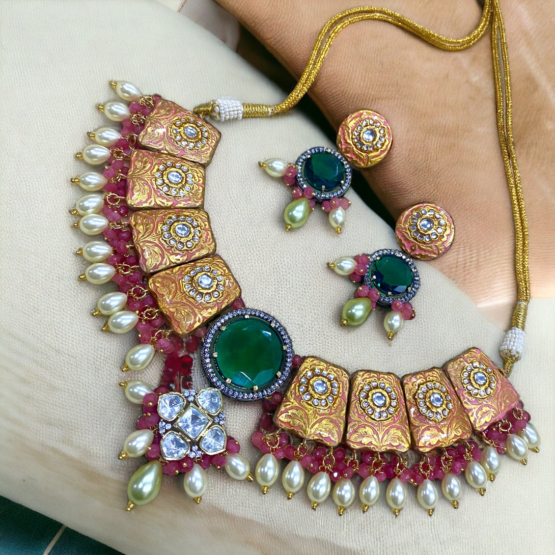 Meher Peach Fusion Necklace Set - Pirohee by parul sharma