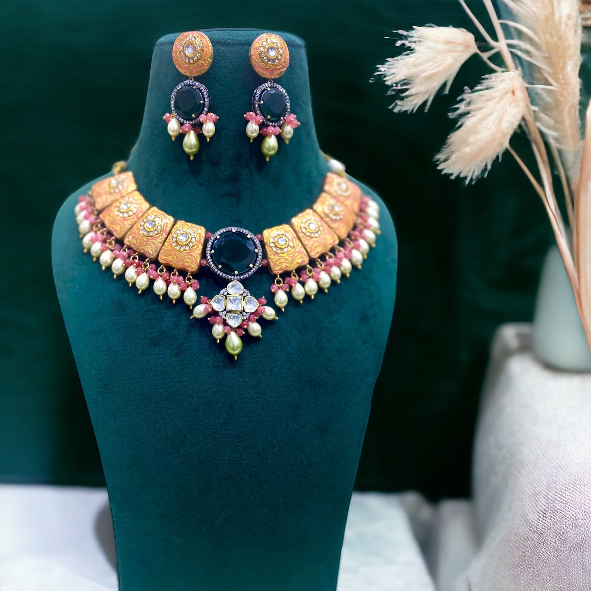 Meher Peach Fusion Necklace Set - Pirohee by parul sharma