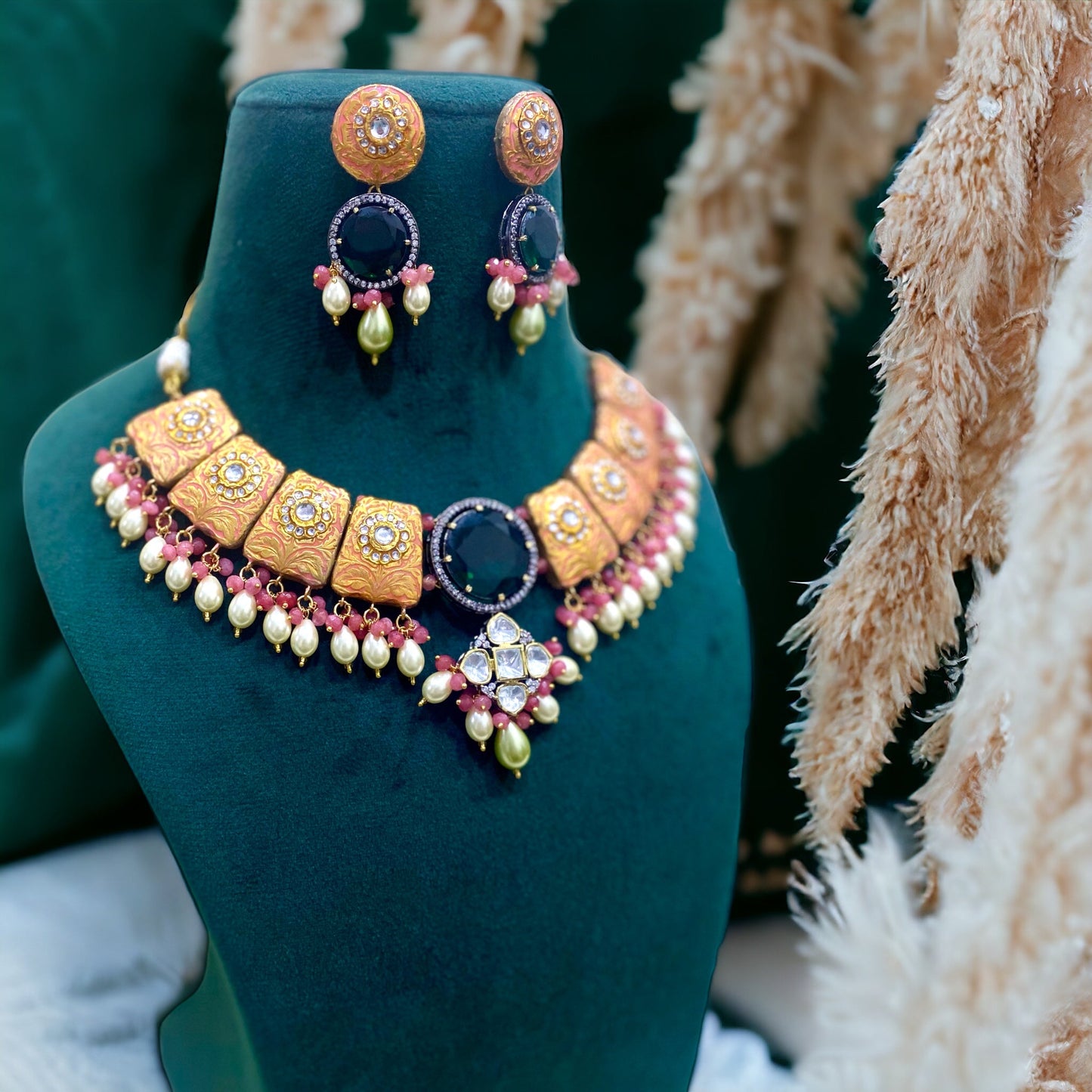 Meher Peach Fusion Necklace Set - Pirohee by parul sharma