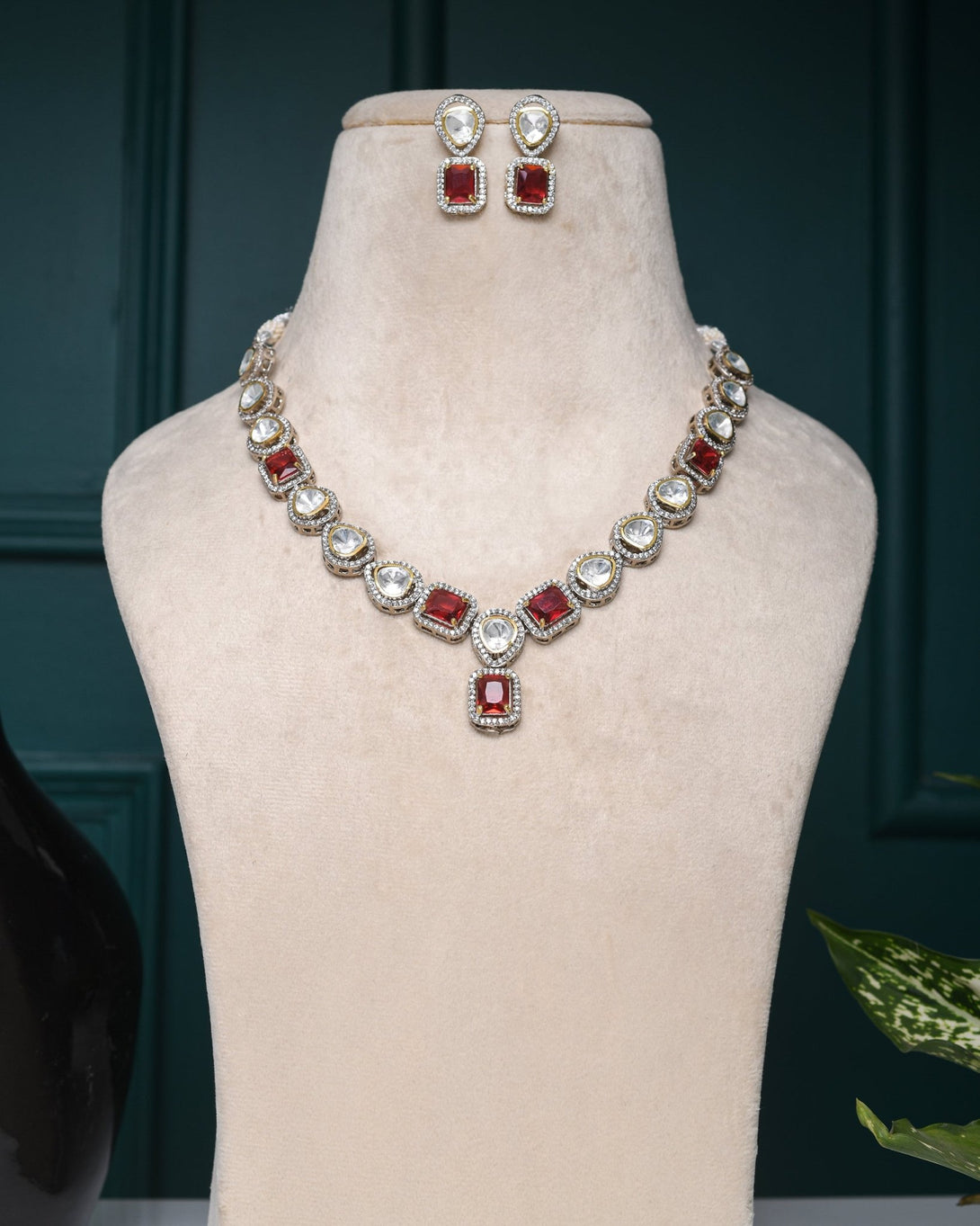 Radiant Royalty: Ruby Red AD Necklace Set - Pirohee by parul sharma