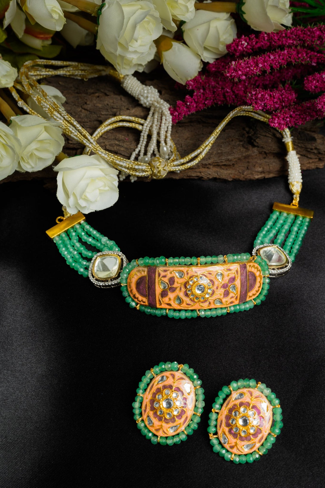 Ravishing Coral & Mint Green Polki Choker Set - Pirohee by parul sharma