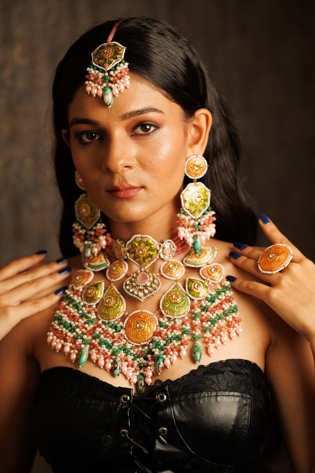 Riwayat Multicolour Bridal Set With Tika & Ring - Pirohee by parul sharma