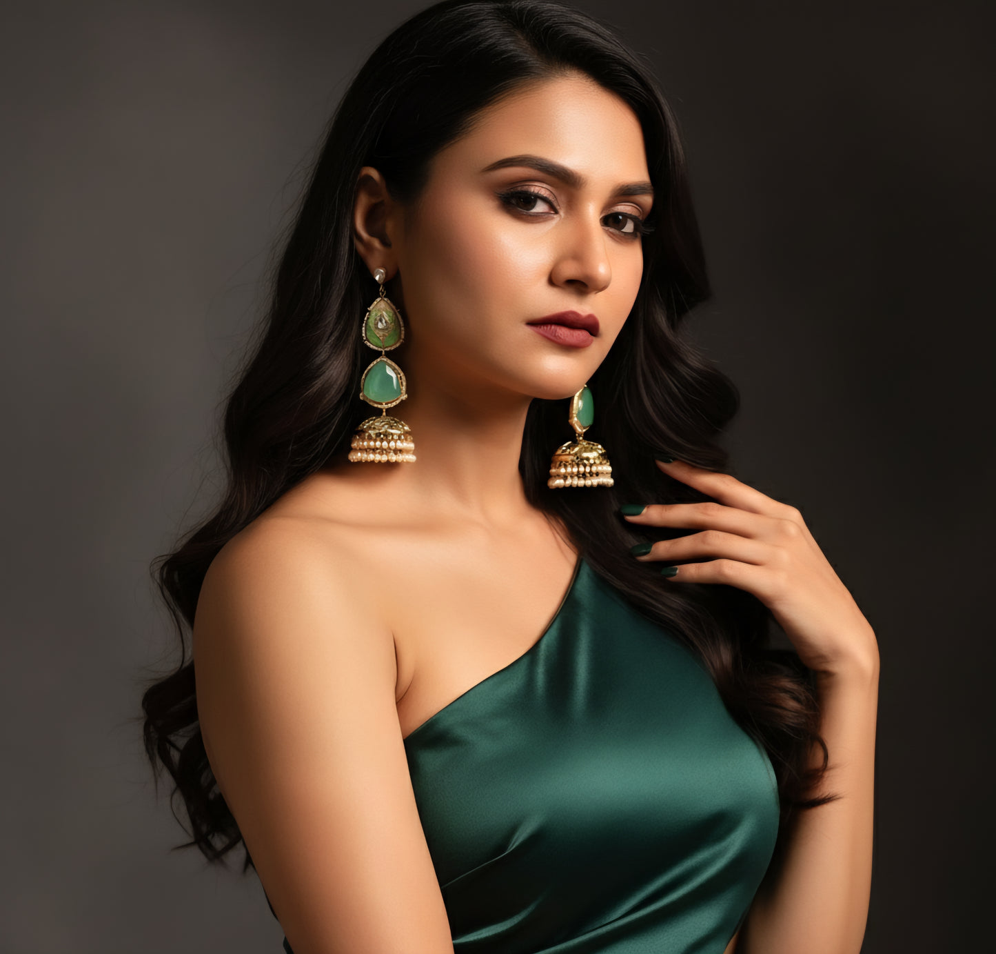 Hoor Mint Jhumka Earrings (Invisible kaan chains included)