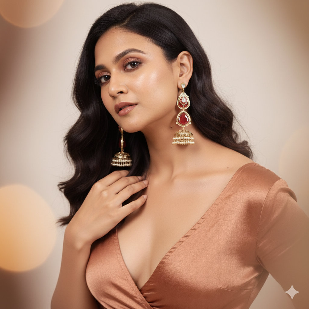 Hoor Red Jhumka Earrings (Invisible kaan chains included)