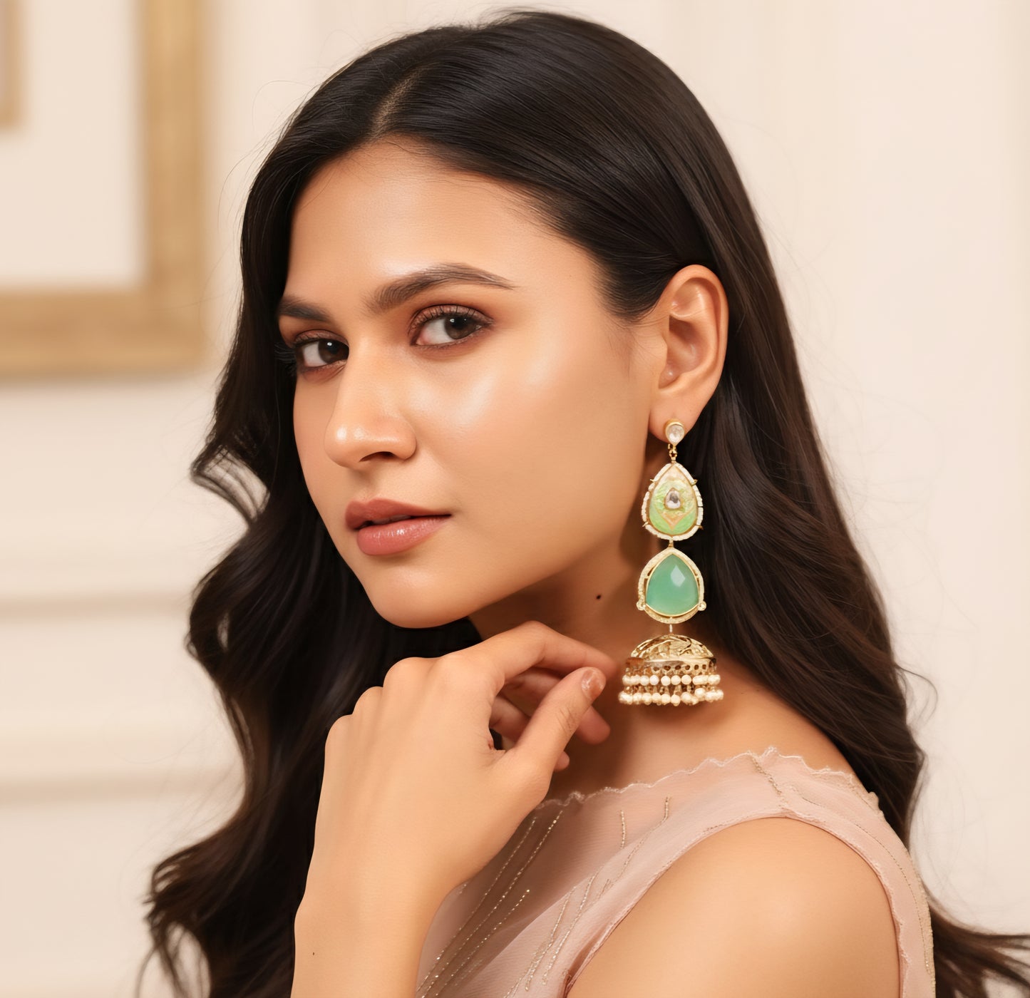 Hoor Mint Jhumka Earrings (Invisible kaan chains included)