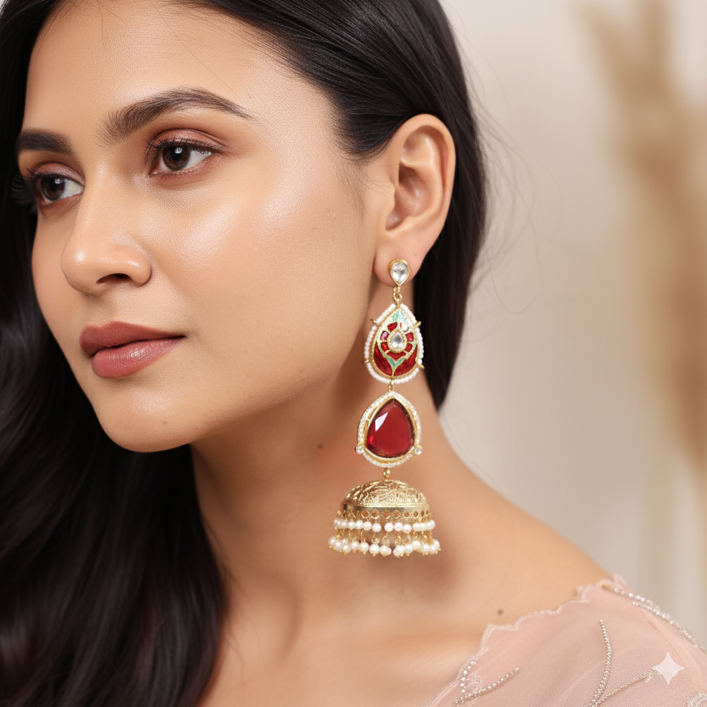 Hoor Red Jhumka Earrings (Invisible kaan chains included)