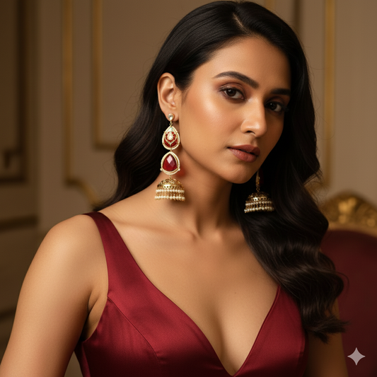 Hoor Red Jhumka Earrings (Invisible kaan chains included)