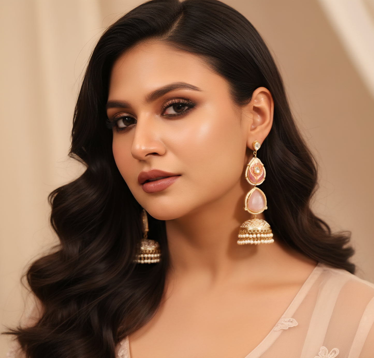 Hoor Pink Jhumka Earrings (Invisible kaan chains included)