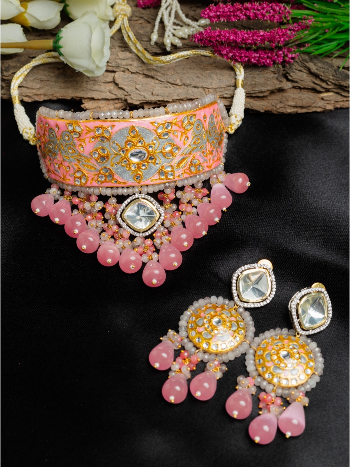 Ruhaniyat Carnation Pink Choker Necklace Set
