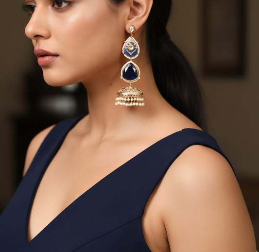 Hoor Blue Jhumka Earrings (Invisible kaan chains included)