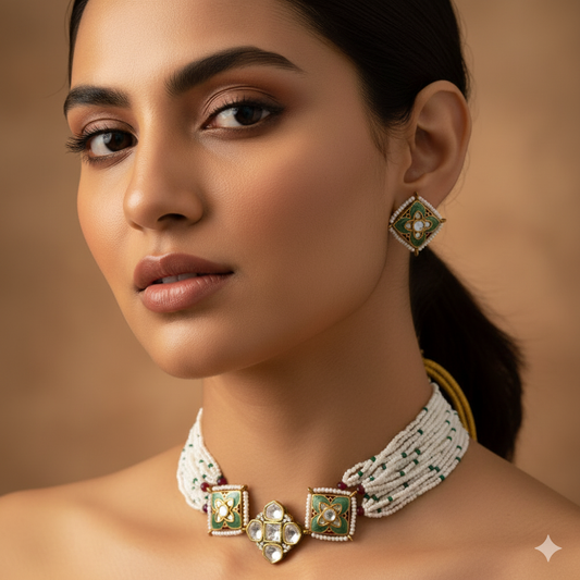 Tavisha Aquamarine Meenakari Charm Necklace Set