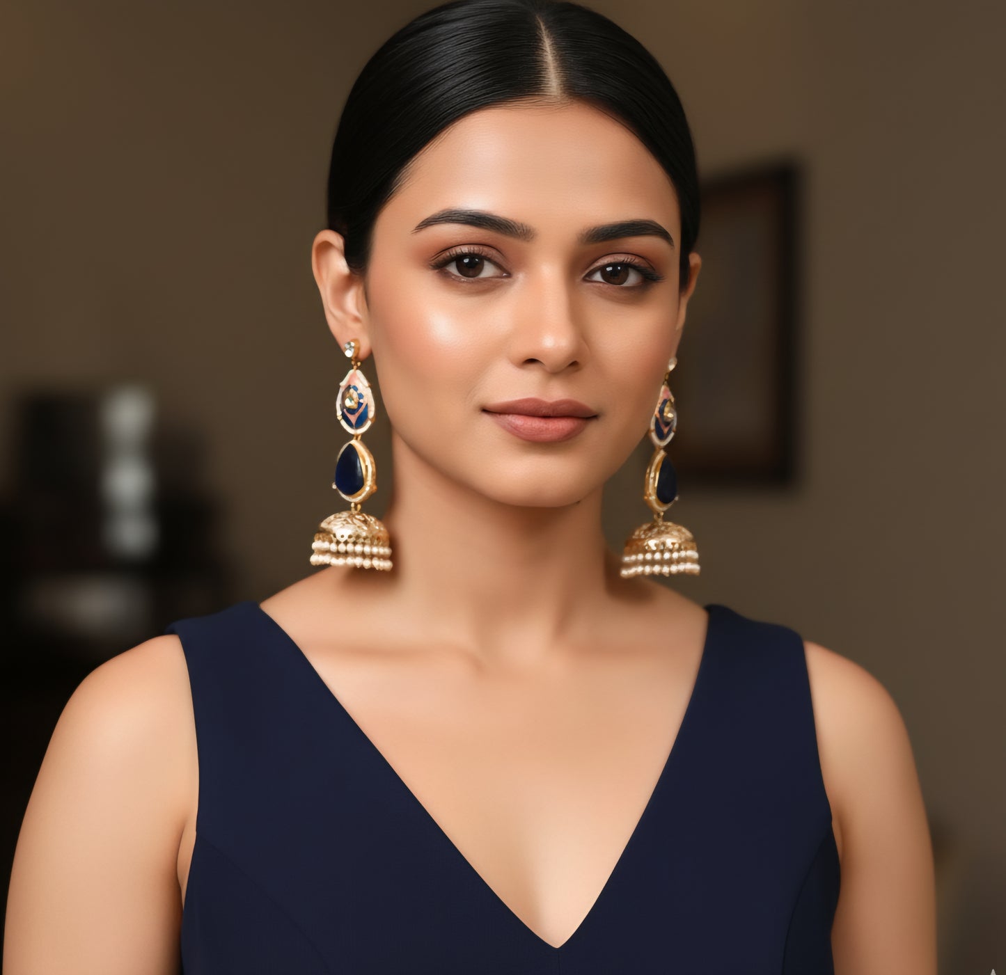 Hoor Blue Jhumka Earrings (Invisible kaan chains included)