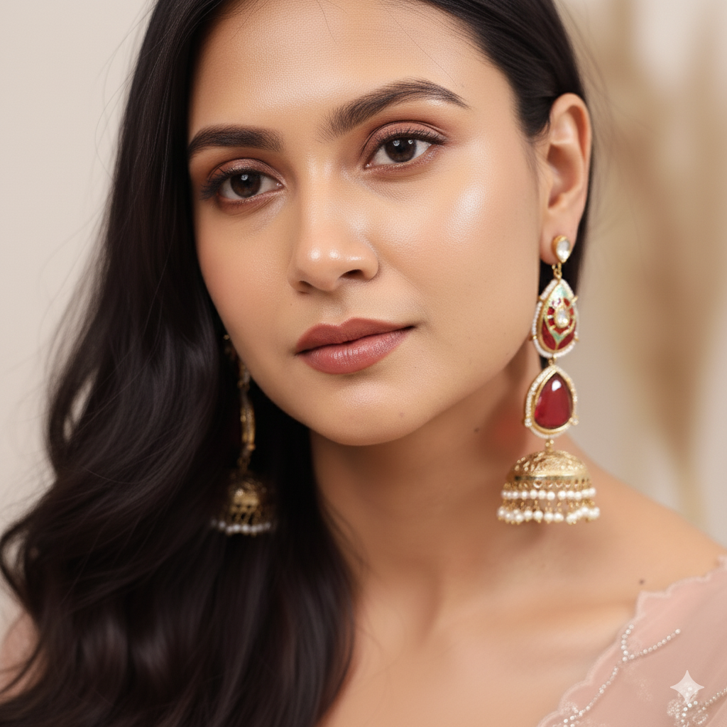Hoor Red Jhumka Earrings (Invisible kaan chains included)