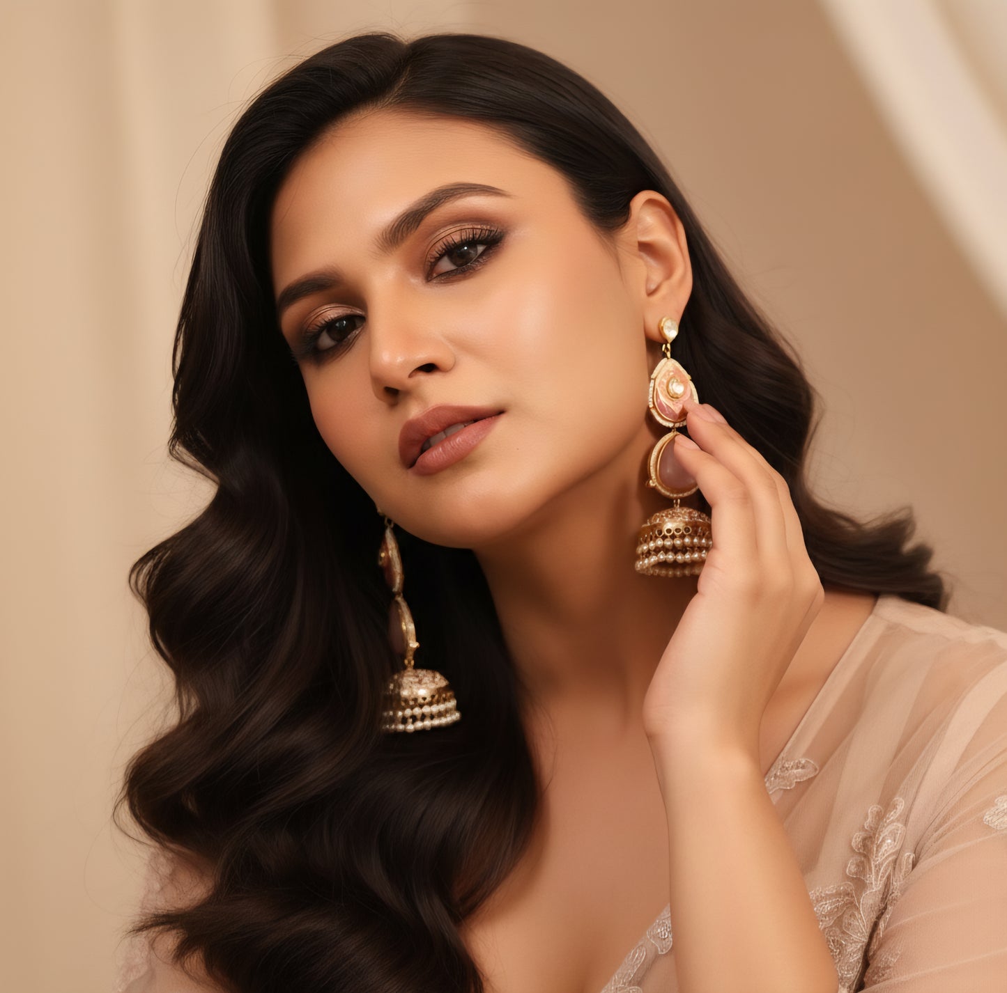 Hoor Pink Jhumka Earrings (Invisible kaan chains included)