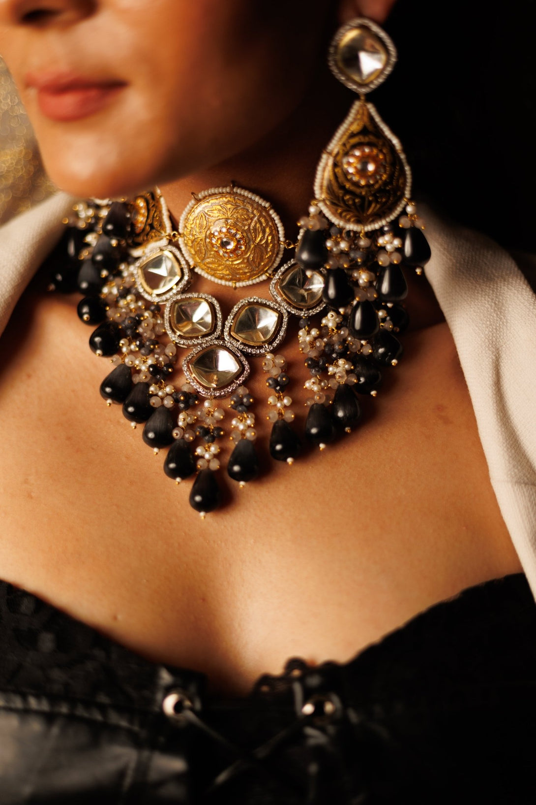 Rooh Black Polki Necklace Set - Pirohee by parul sharma