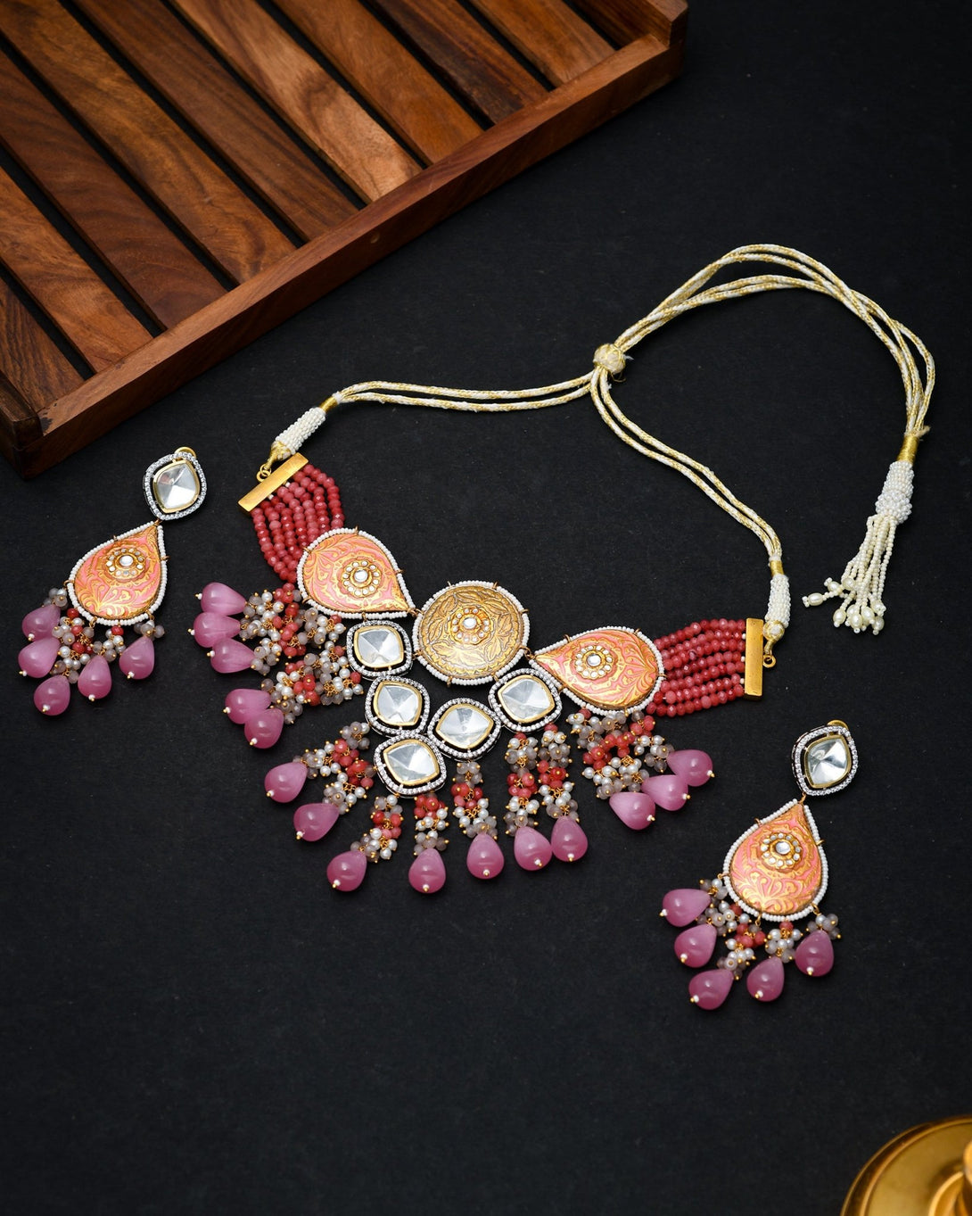 Rooh Carnation Pink Polki Necklace Set - Pirohee by parul sharma