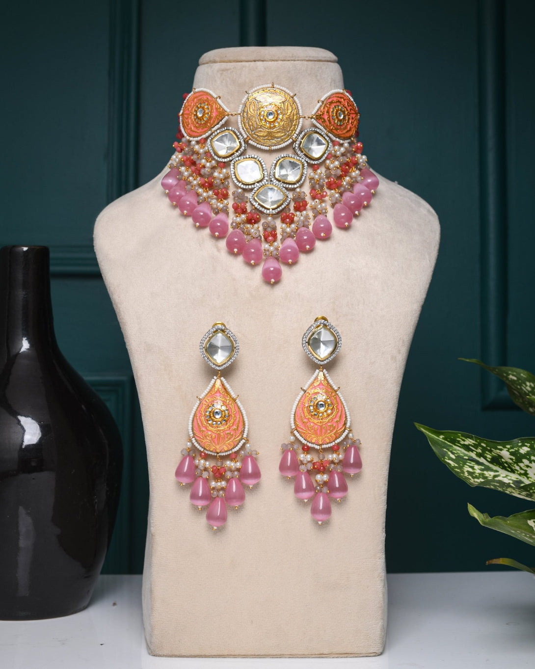 Rooh Carnation Pink Polki Necklace Set - Pirohee by parul sharma