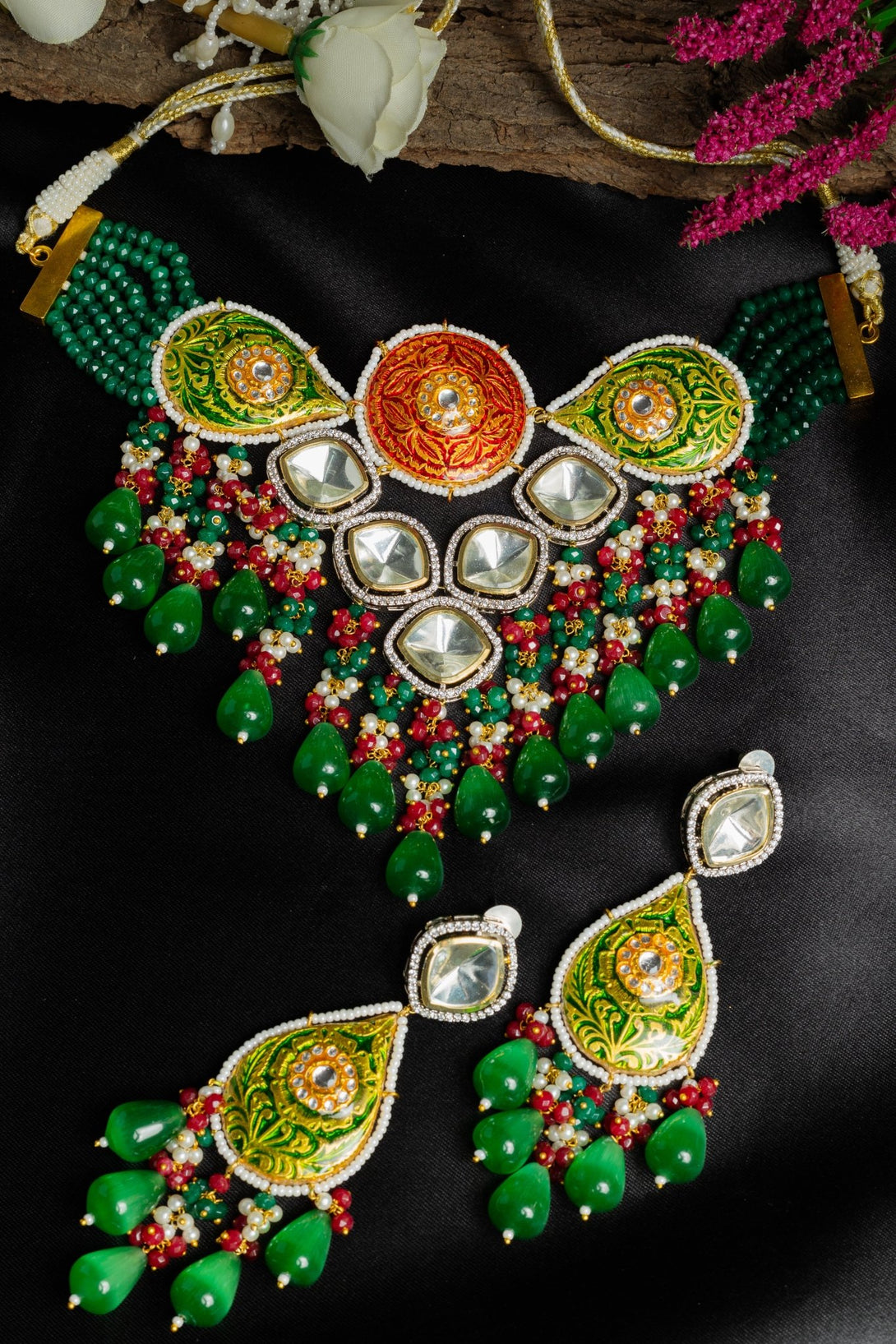 Rooh Maroon & Green Polki Necklace Set - Pirohee by parul sharma