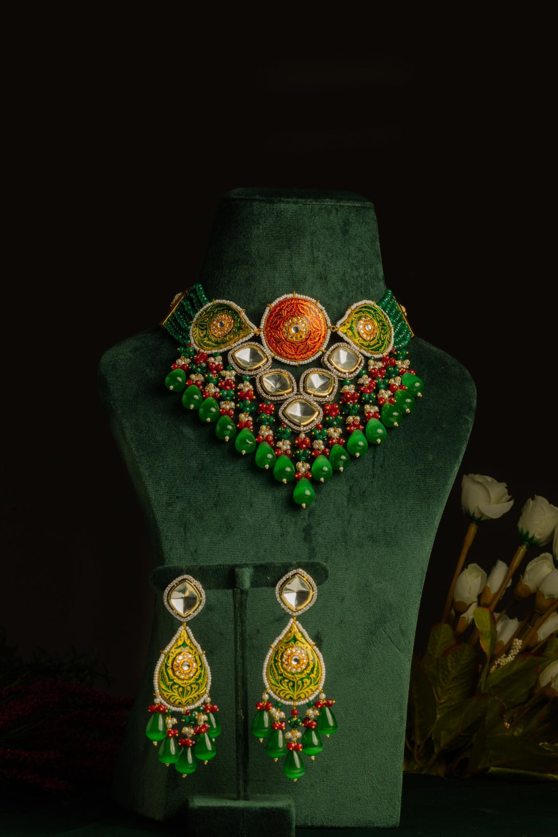 Rooh Maroon & Green Polki Necklace Set - Pirohee by parul sharma