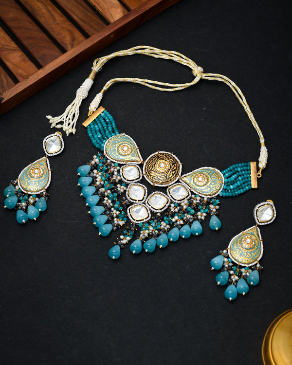 Rooh Turquoise Polki Necklace Set - Pirohee by parul sharma