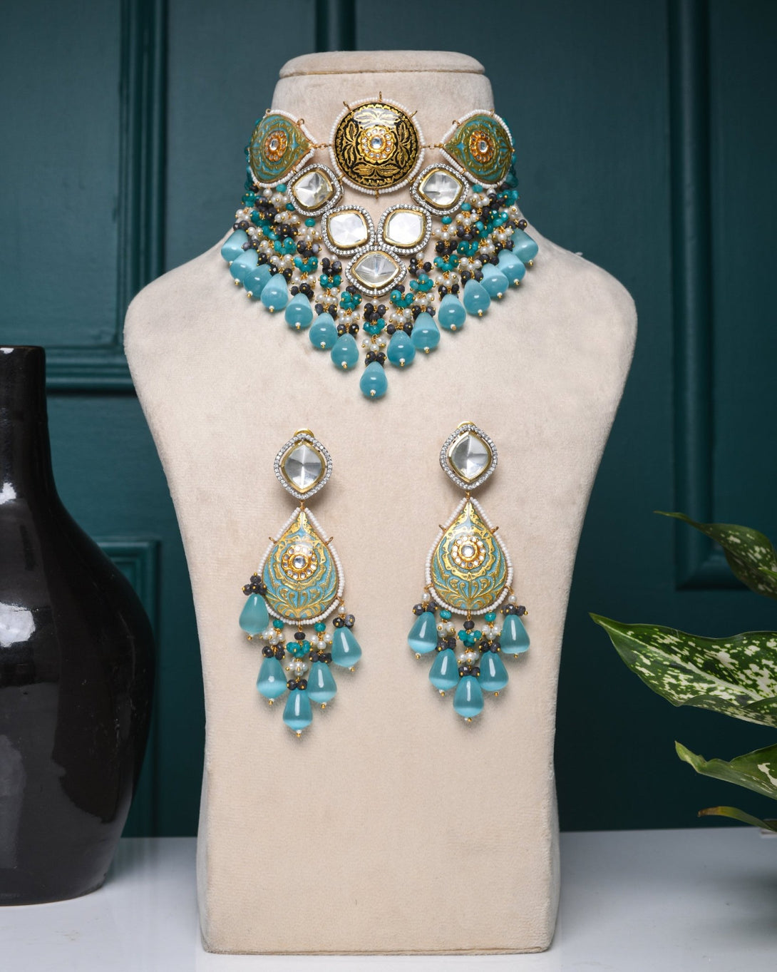 Rooh Turquoise Polki Necklace Set - Pirohee by parul sharma