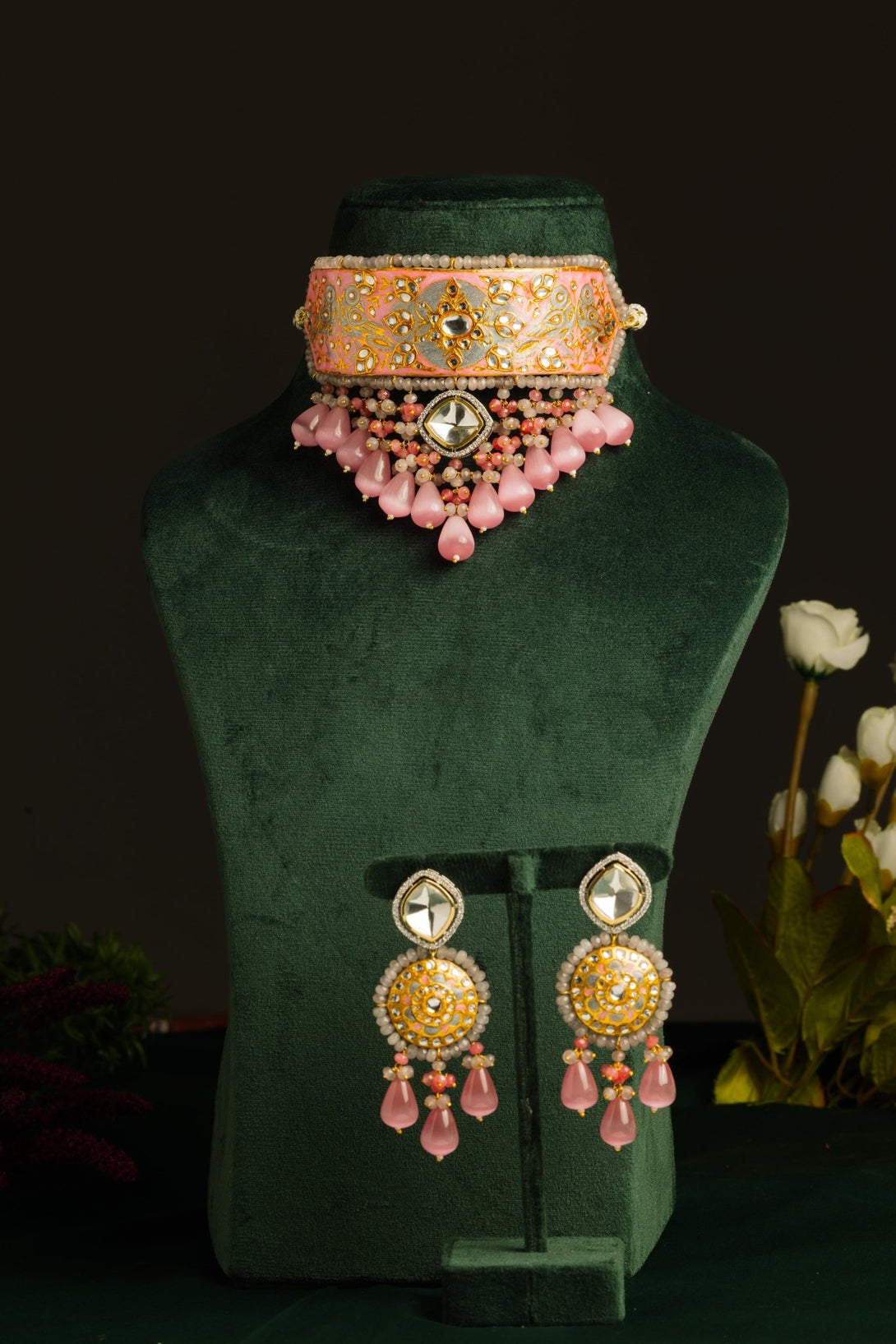 Ruhaniyat Carnation Pink Choker Necklace Set - Pirohee by parul sharma