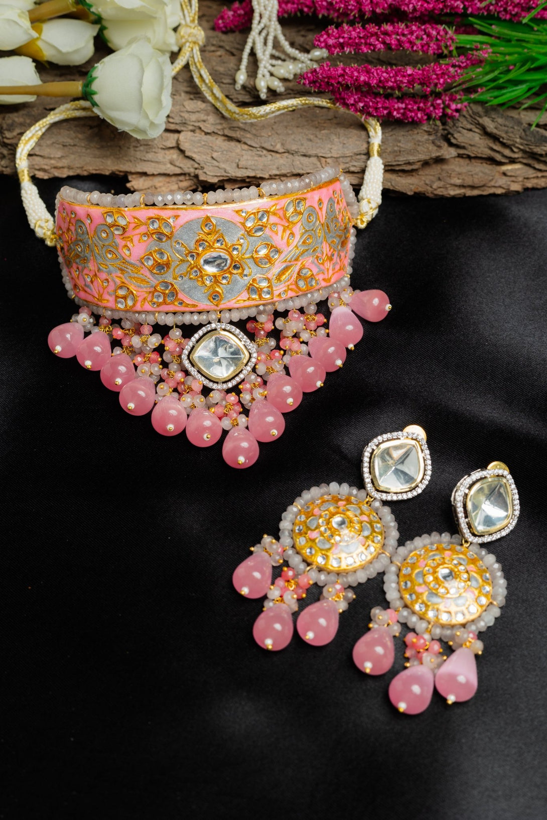 Ruhaniyat Carnation Pink Choker Necklace Set - Pirohee by parul sharma