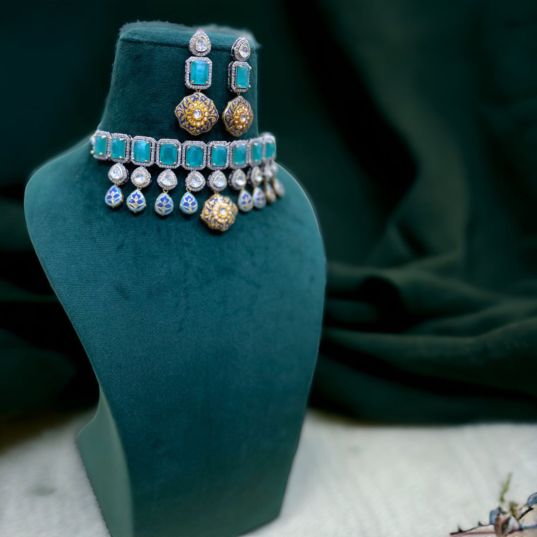 Serena Aquamarine AD & Meenakari Fusion Necklace Set - Pirohee by parul sharma