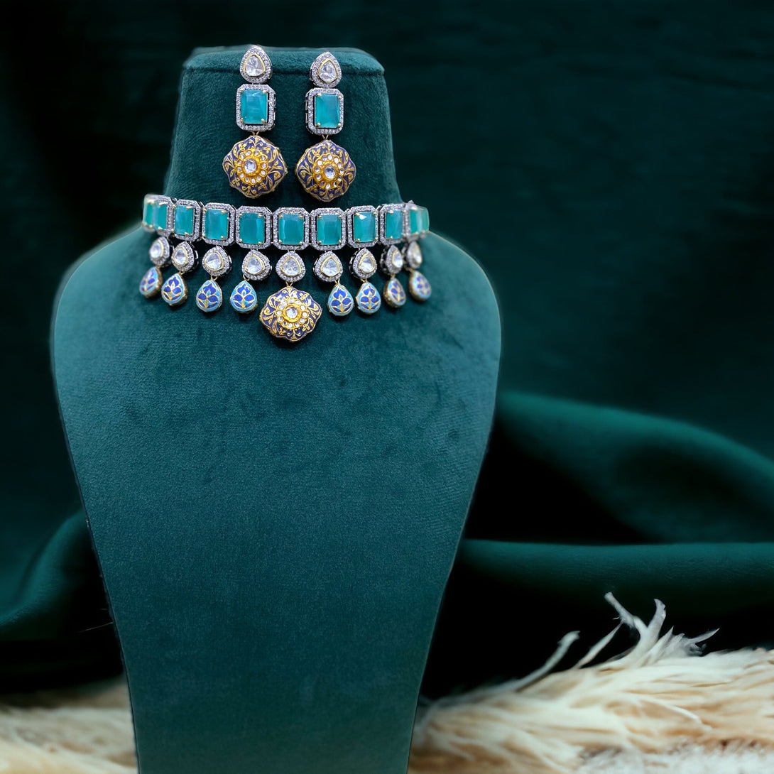 Serena Aquamarine AD & Meenakari Fusion Necklace Set - Pirohee by parul sharma