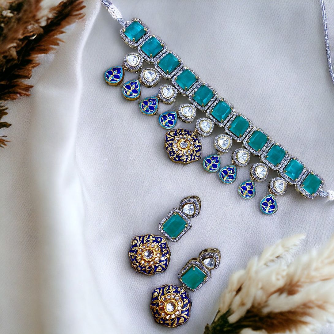 Serena Aquamarine AD & Meenakari Fusion Necklace Set - Pirohee by parul sharma