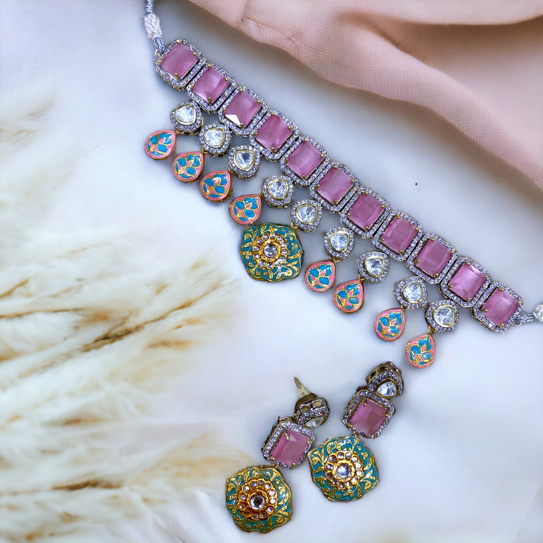 Serena Pink AD & Meenakari Fusion Necklace Set - Pirohee by parul sharma