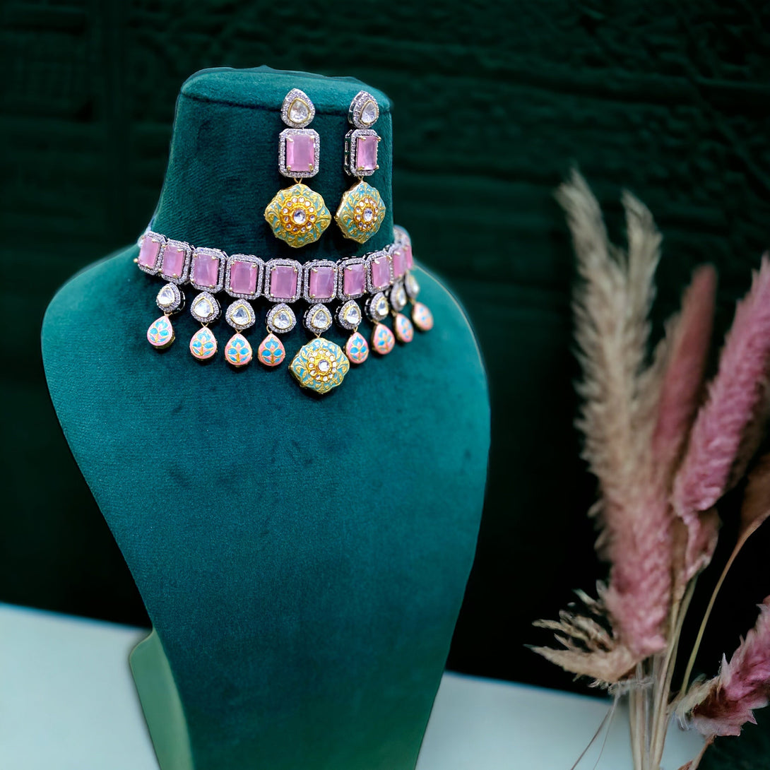 Serena Pink AD & Meenakari Fusion Necklace Set - Pirohee by parul sharma