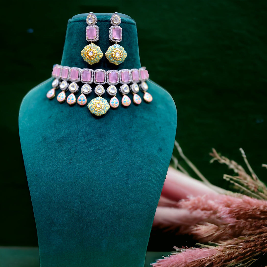 Serena Pink AD & Meenakari Fusion Necklace Set - Pirohee by parul sharma