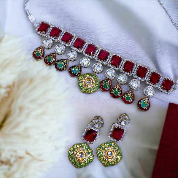 Serena Red AD & Meenakari Fusion Necklace Set - Pirohee by parul sharma