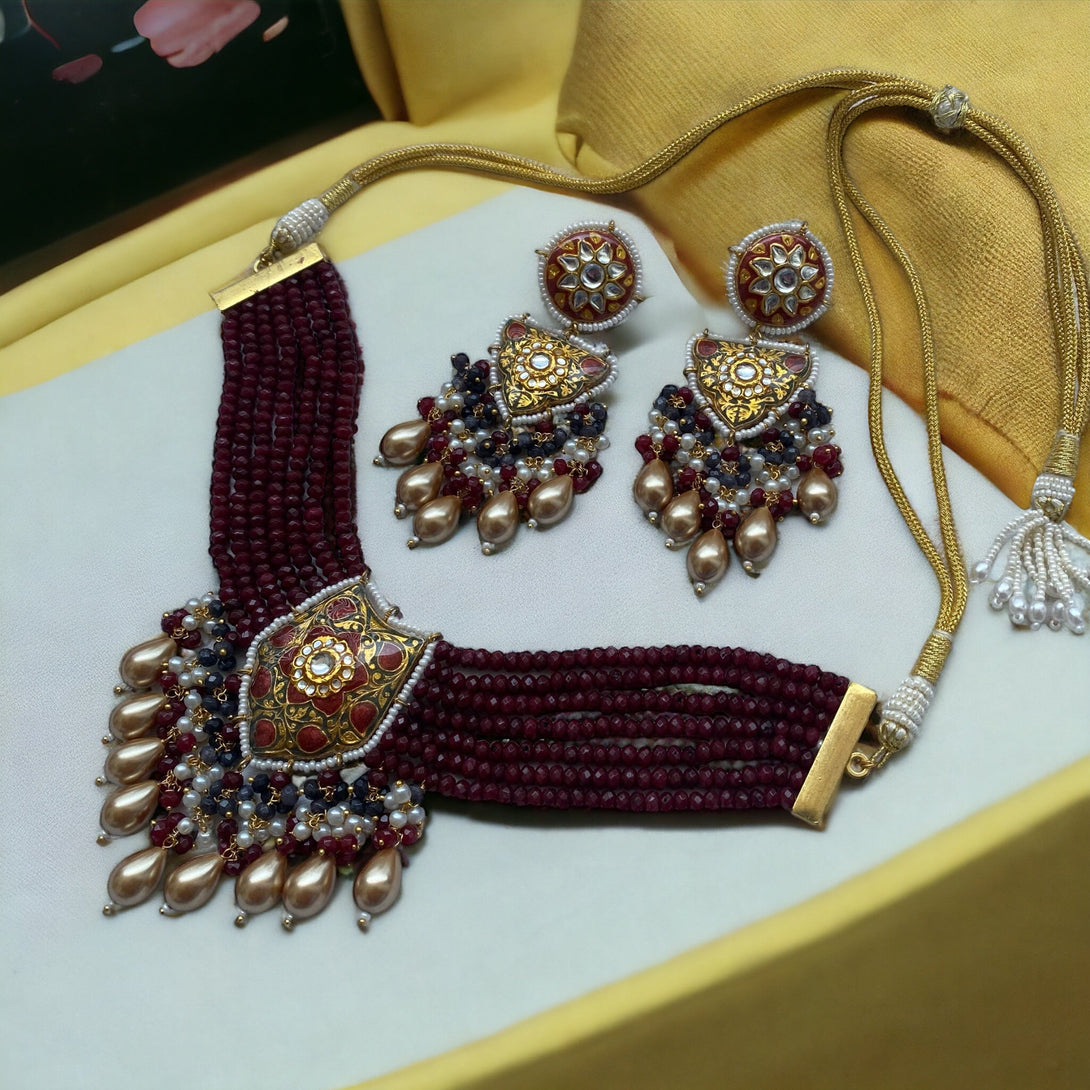 Uzma Maroon Meenakari Necklace Set - Pirohee by parul sharma