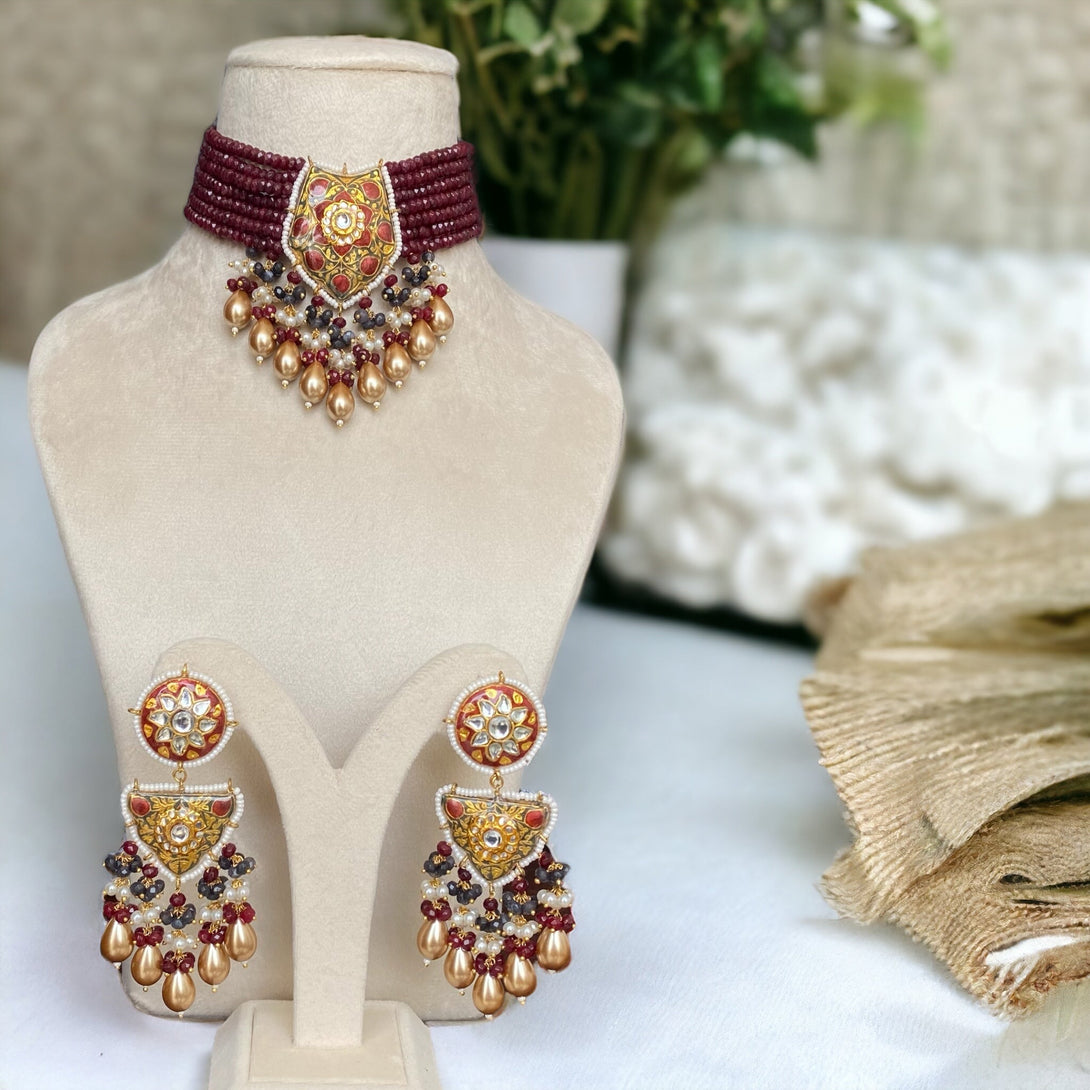 Uzma Maroon Meenakari Necklace Set - Pirohee by parul sharma