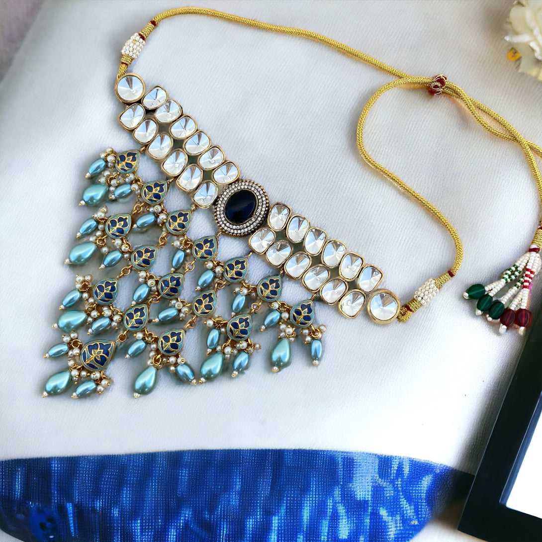 Zahra Dark Blue Polki Necklace Set - Pirohee by parul sharma