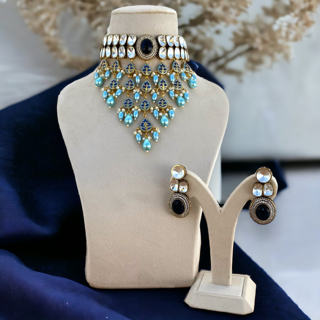 Zahra Dark Blue Polki Necklace Set - Pirohee by parul sharma