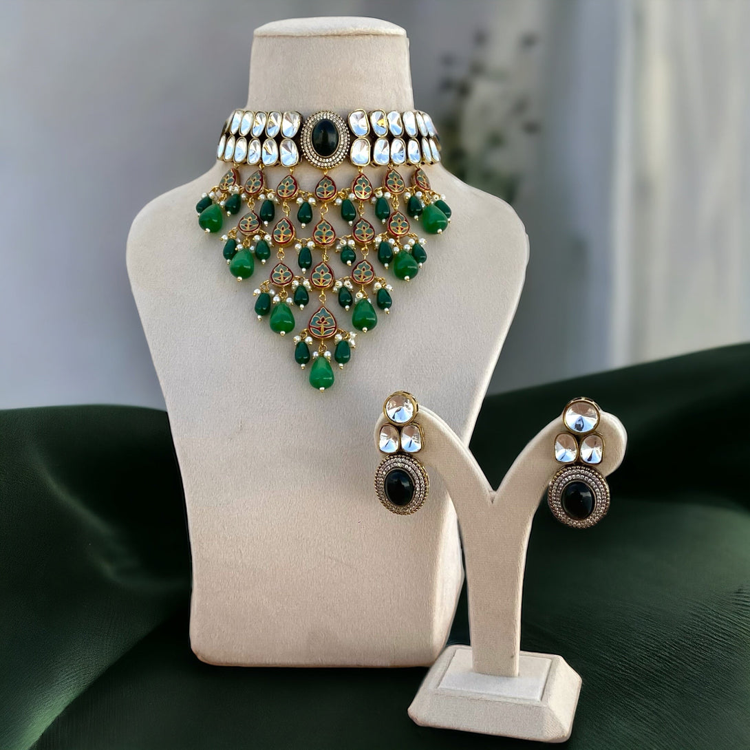 Zahra Emerald Green Polki Necklace Set - Pirohee by parul sharma