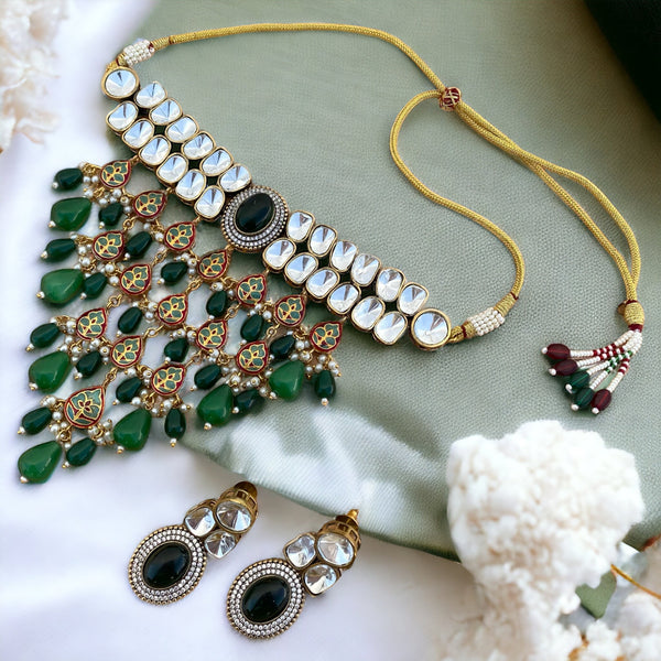 Zahra Emerald Green Polki Necklace Set - Pirohee by parul sharma