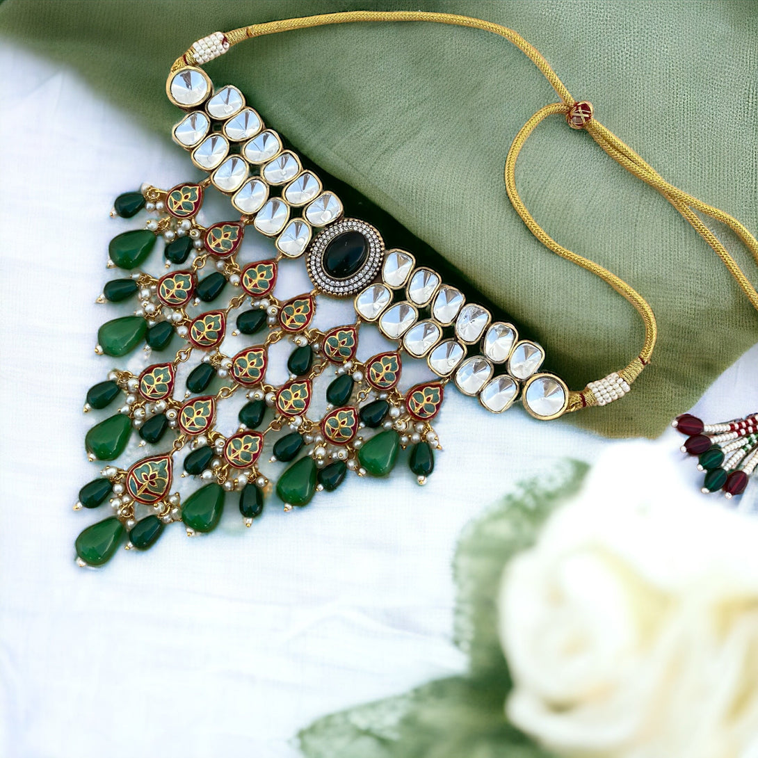 Zahra Emerald Green Polki Necklace Set - Pirohee by parul sharma