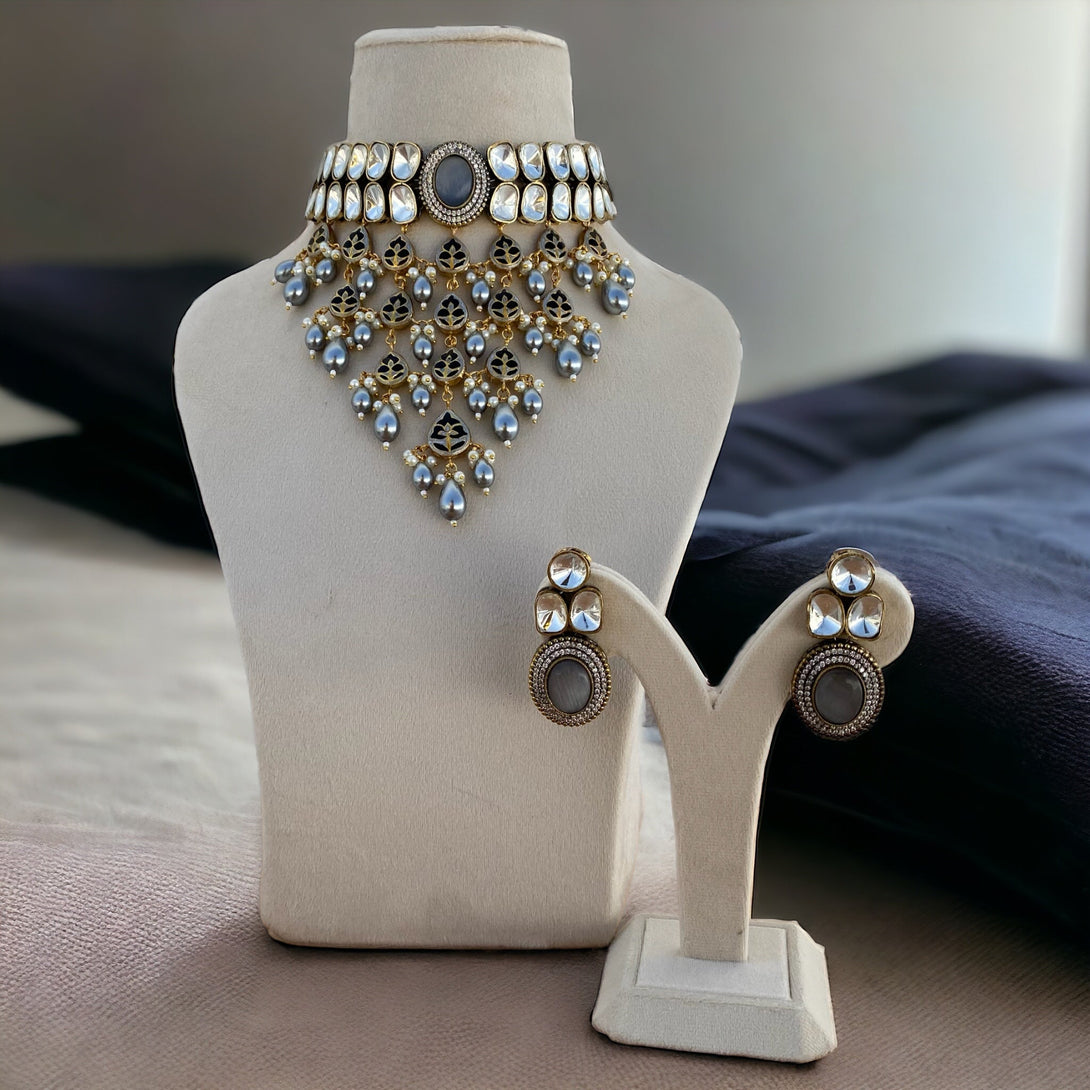 Zahra Grey Polki Necklace Set - Pirohee by parul sharma