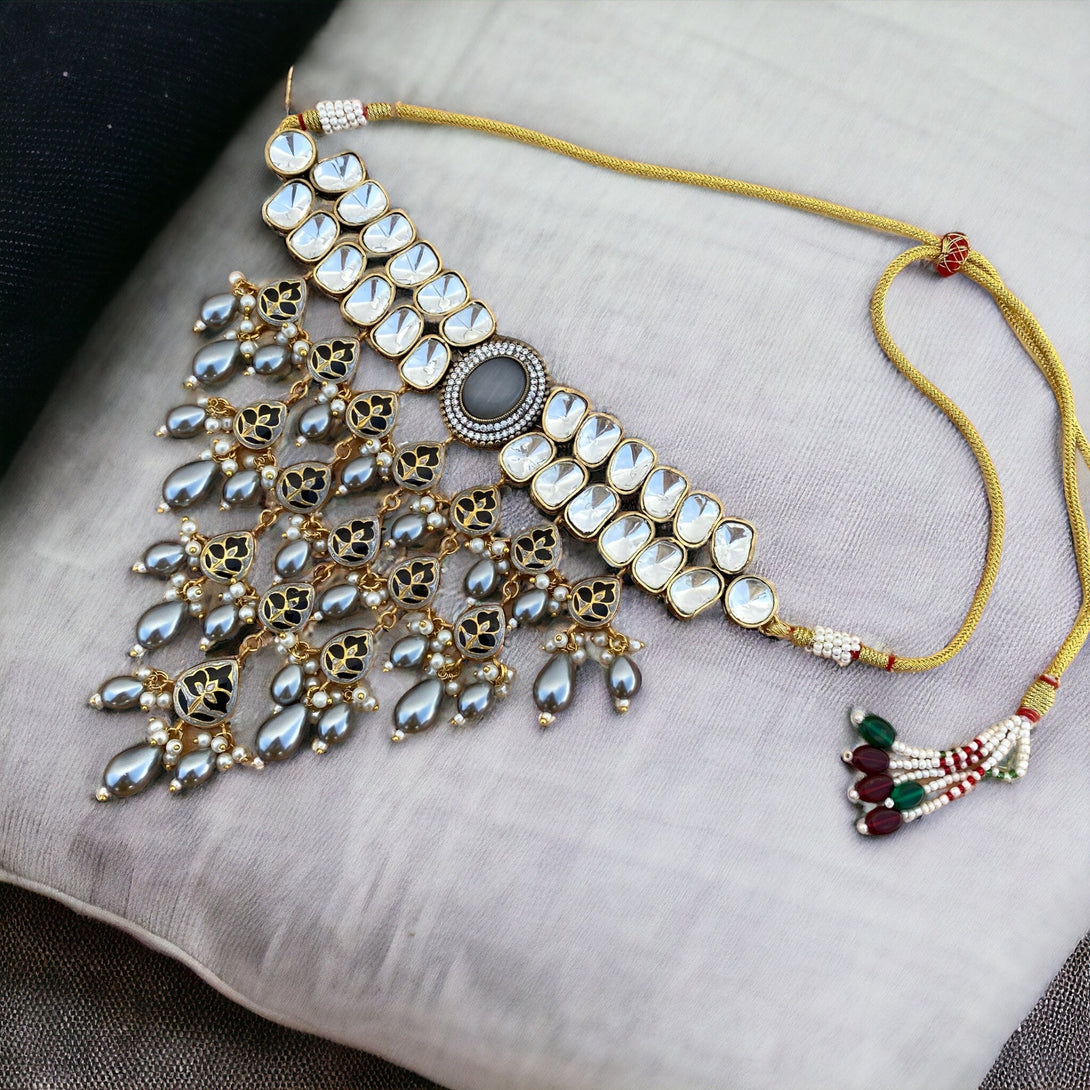 Zahra Grey Polki Necklace Set - Pirohee by parul sharma